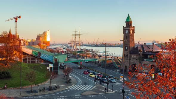 Day to Night Time Lapse of Hamburg Harbor with Landungsbruecken, Hamburg, Germany