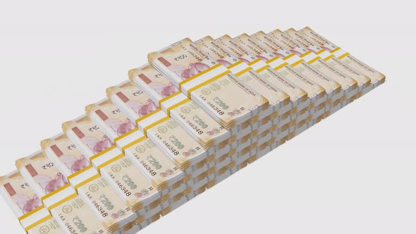 Many wads of money. 200 Indian Rupees banknotes. Stacks of money.