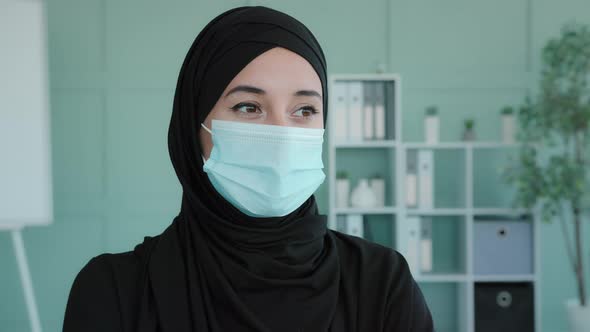 Portrait Arab Girl Islamic Muslim Woman Wearing Black Hijab Wearing Medical Mask in Office