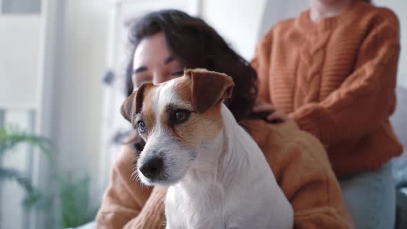 Young Mother Daughter in Sweaters Sit on Bed in Cozy Room with European Interior with Dog Jack