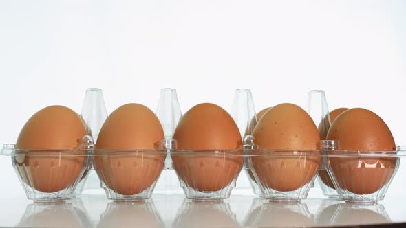 Chicken Eggs In A Plastic Tray Are Spinning On A White Background, Chicken Brown Eggs