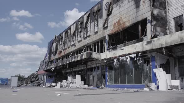 Aerial View of a Destroyed Shopping Mall During the War in Bucha Ukraine