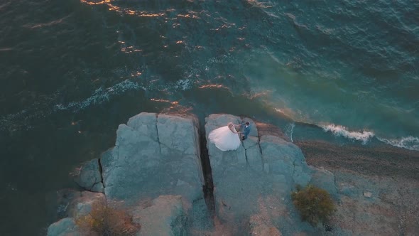 Wedding Newlyweds Couple. Lovely Groom and Bride. Happy Family. Aerial Shot