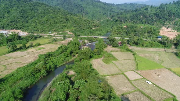 Natural landscapes around the city of Vang Vieng in Laos seen from the sky