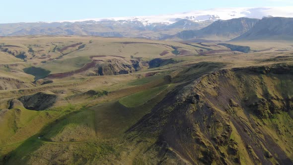 Aerial view of Icelandic landscape, Myrdalsjokull glacier in the back