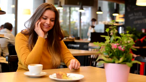 Woman Phone in Cafe - Coffee and Cake