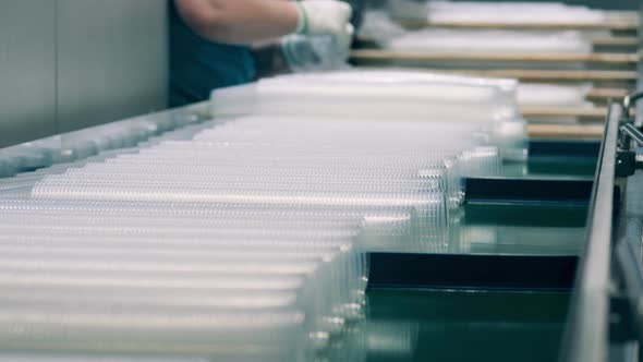 Plastic Cups Being Wrapped in Cellophane By a Factory Worker