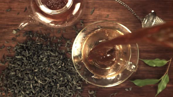 A Super Slow Motion Jet of Fragrant Tea Pours with Splashes Into the Cup