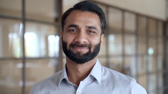 Happy Indian Business Man Leader Manager Standing in Office Headshot Portrait