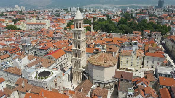 A an aerial picture of Split city centre showing Diocletian's Palace, the bell tower of the cathedra