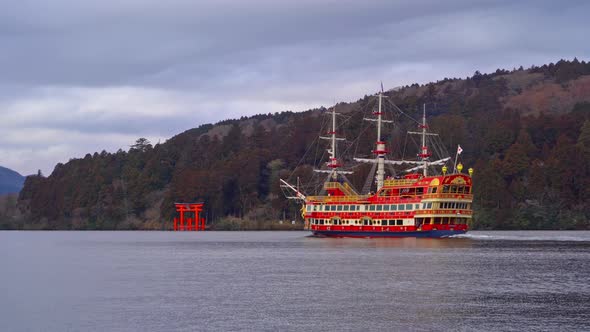 Hakone pirate ship or boat, Hakone Jinja Heiwa no Torii with lake