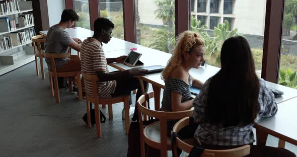 Young multiracial group of students studying inside university library