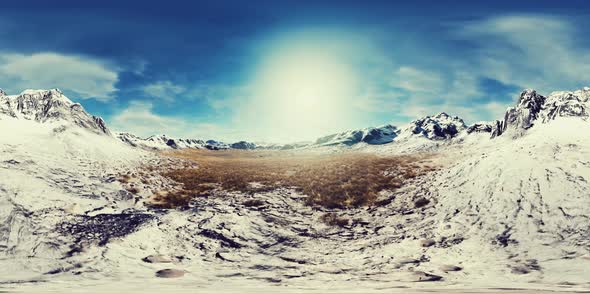 VR360 View on Snowy Tops and Valley in Summer Himalaya Mountains