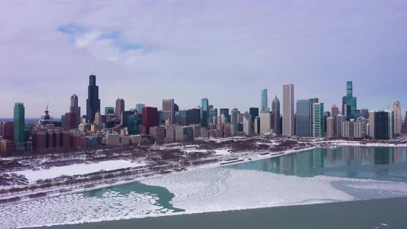 Urban Skyline of Chicago and Lake Michigan on Winter Frosty Day