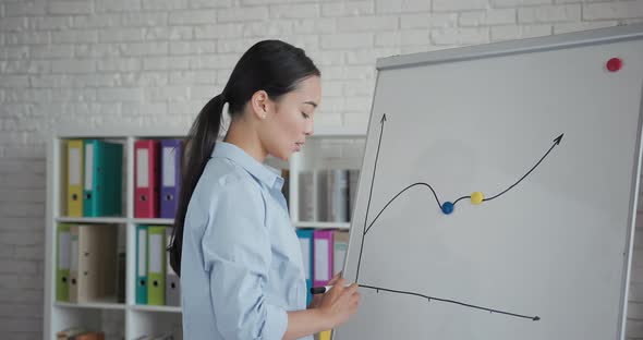 Young Asian Woman Teacher Conducts Online Lesson Using a Whiteboard with Graph