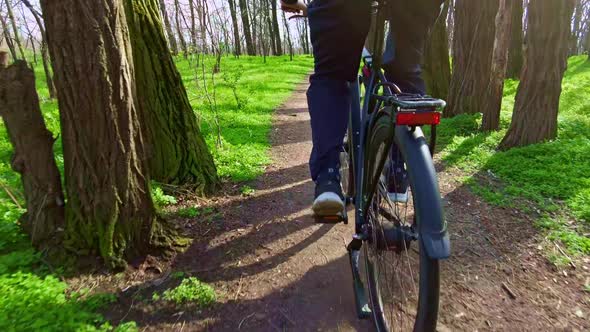 Young Guy Rides a Bicycle Along a Path in a Green Forest Rear View in Slow Mo