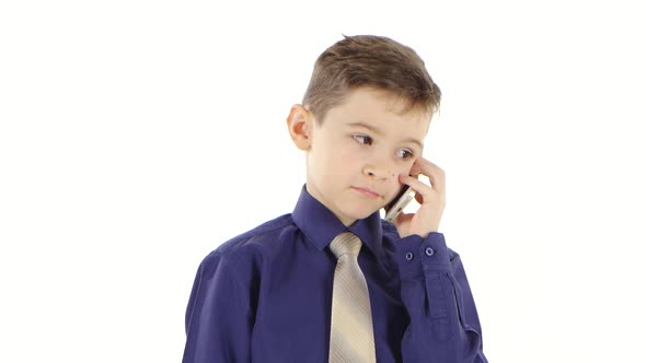 Businessman Boy Child Speaks on Smartphone on White Studio. Closeup