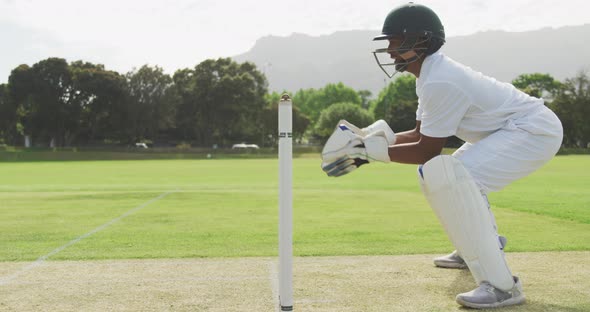 Side view of cricket player catching the ball