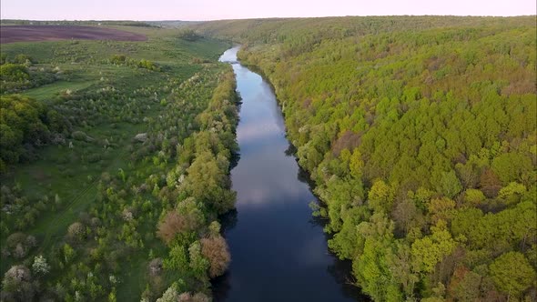 View of the river from above. Flight over water and forest trees from a height