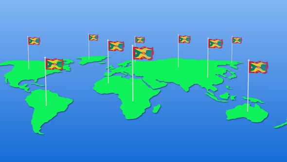 Grenada Flag Wavy Animated On Earth Map