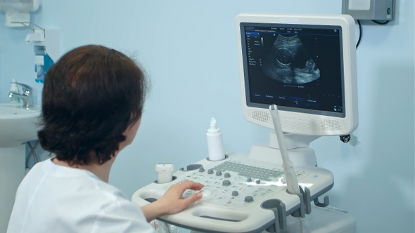 Female doctor working at modern ultrasound equipment