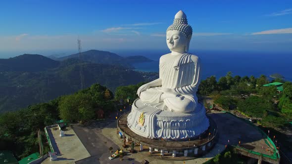 Aerial View At Phuket Big Buddha Viewpoint Blue Sea Background.