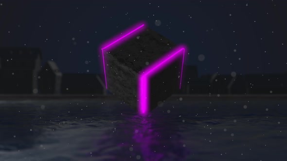 neon glowing cube over the water
