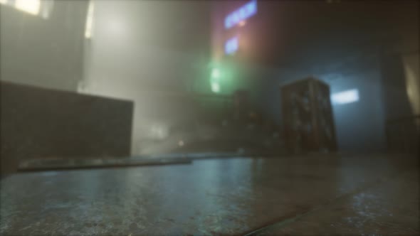 Neon Lights in Soft Focus on Street with Fog at Night alt