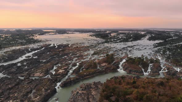 Aerial: flying over the 4000 islands Mekong River in Laos