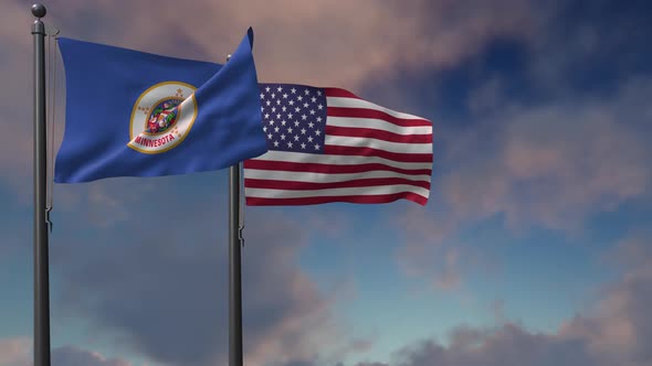 Minnesota State Flag Waving Along With The National Flag Of The USA - 4K