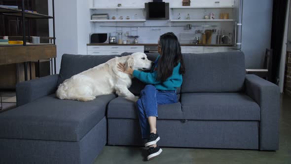 Dog on Sofa Licking Young Indian Owner
