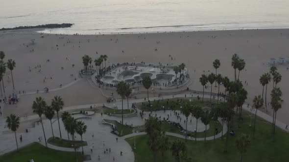 AERIAL: Flying Away From Venice Beach Skatepark with Visitors and Palm Trees, Sunset in Los Angeles