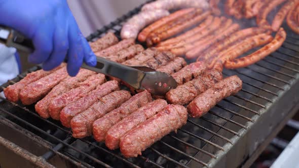 Grilled Sausage with the Addition Vegetables on the Grill Plate