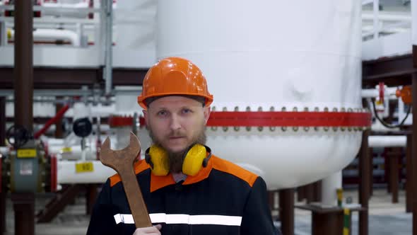 An Equipment Repairman in a Work Helmet and Overalls Stands in the Shop with a Large Wrench