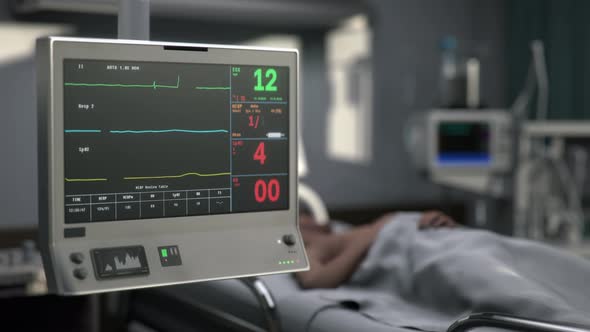 Vital signs monitor device shows a flatline of all patients health markers alt