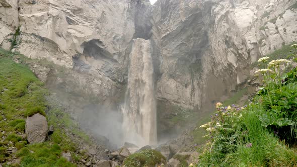 Dirty Waterfall Sultan High in the Mountains Near Elbrus in Summer