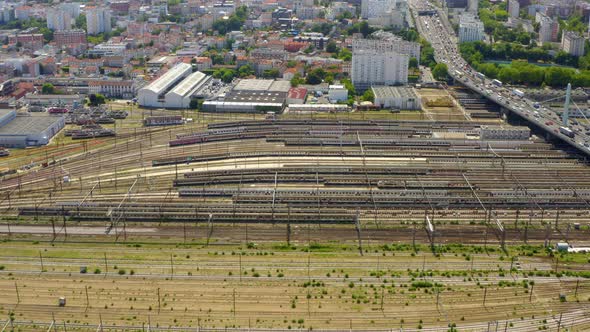 Aerial view of railroad tracks. Railway switching Yard with many parallel railroad tracks.