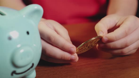 The Child Puts a Bitcoin Gold Coin in a Piggy Bank