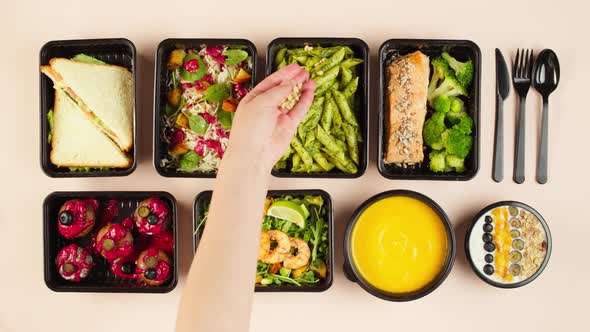 Food Delivery Top View Take Away Meals in Disposable Containers