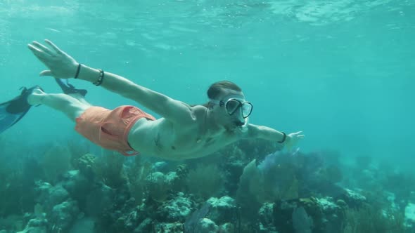 Guy Snorkeling Diving Underwater in Caribbean Barrier Reef Ocean