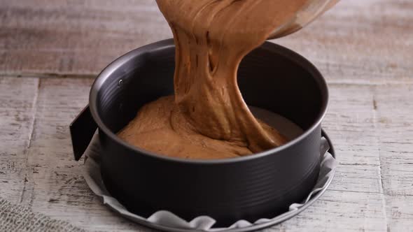 Delicious Chocolate Batter Is Poured Into a Cake Mold