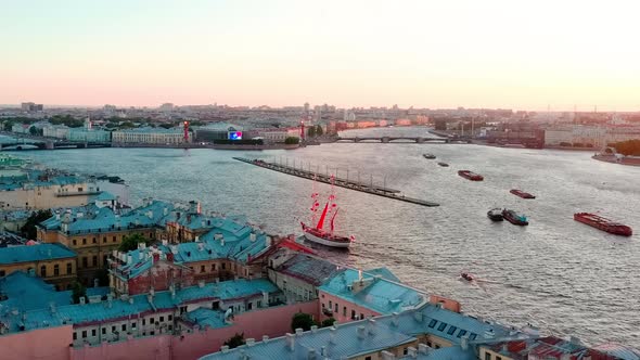 Aerial Footage of Frigate Russia Rehearses Demonstration Pass Along the Palace Embankment on Holiday