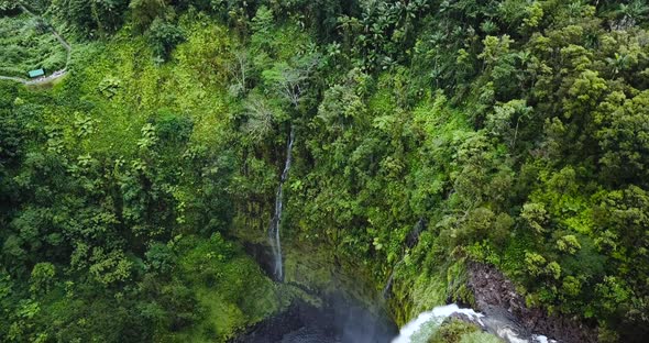 Drone going above Akaka falls in Hawaii. The falls is 100ft deep.