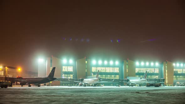 Timelapse Shot of Sheremetyevo Airport Routine at Winter Night, Moscow