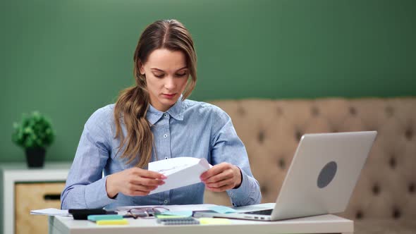 Business Woman Open Paper Letter Celebrating Successful Result