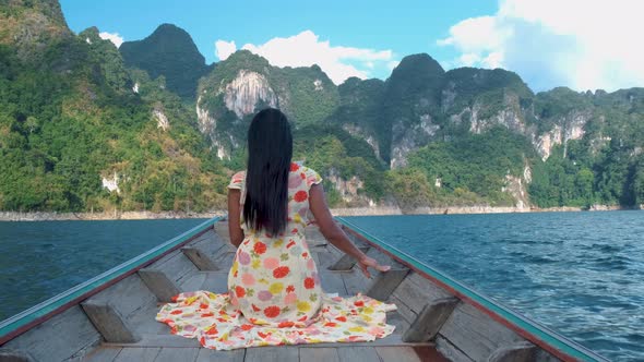 Khao Sok Thailand Woman on Vacation in Thailand Girl in Longtail Boat at the Khao Sok National Park