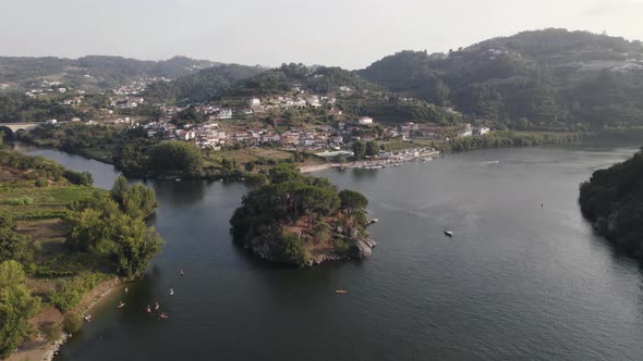 Aerial circular view of Love island, confluence of two rivers: Paiva e Douro. Castelo de Paiva