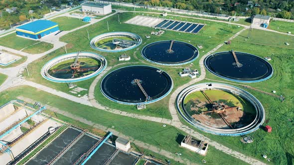 Aerial Shot of Circular Clarifiers Located at a Wastewater Treatment Plant