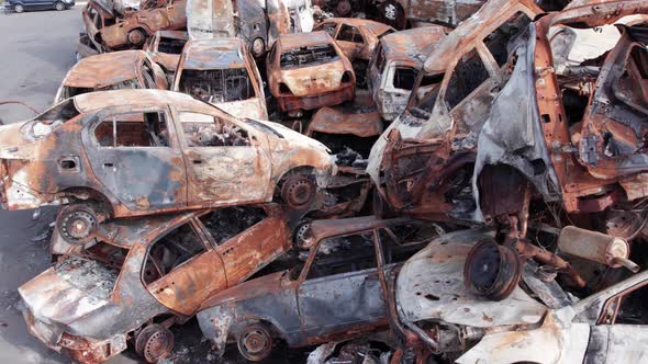 War in Ukraine a Dump of Shot and Burned Cars in Irpin Bucha District