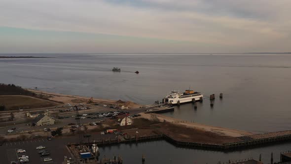 an aerial shot of the Orient Point ferry as it takes on vehicles and passengers. It was a cloudy day